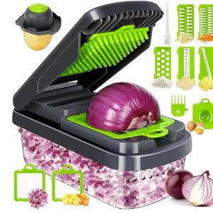 Vegetable Chopper,12-in-1 Multifunctional Food Chopper,Professional Onion Chopper with 7 Blades,Vegetable Cutter with Container for Salad,Potato,Carrot,and Garlic; Essential Kitchen Tool(Grey)