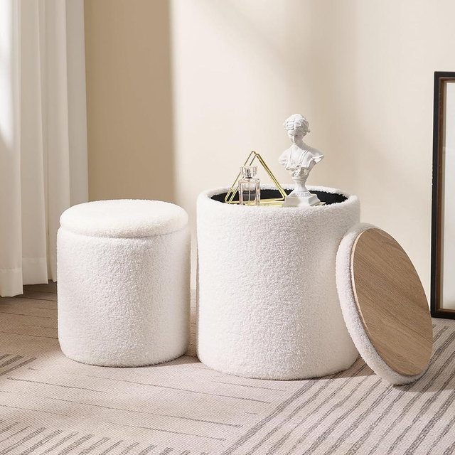 Chilihom Round Boucle Upholstered Ottoman with Storage Set of 2 Vanity Stool Foot Rest with Removable Lid White Tall Ottomans Chair for Living Room Pouf Footstool,Gifts