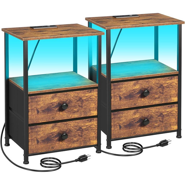LOAKEKEL Night Stand Set 2, LED Nightstand with Charging Station, End Tables with Storage Shelf, Bedside Table with 2 Fabric Drawers for Bedroom, Small Spaces, Rustic Brown HETS02PBR