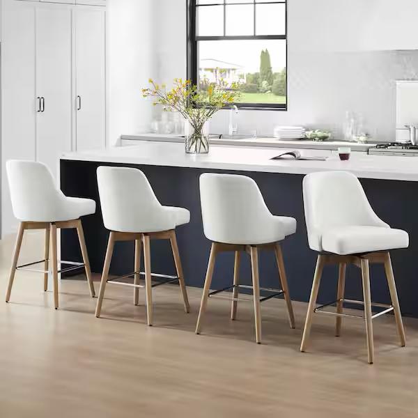 Spruce & Spring Luminara White Fabric Wood Frame Swivel Counter Height Bar Stools with Metal Footrest (Set of 4) 4-SSBS72021-A3678