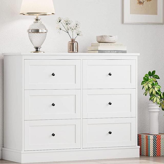 FOTOSOK White Dresser, 6 Drawer Dresser for Bedroom, Modern White Dresser Double Dresser 6 Drawer Chest with Deep Drawers, Wide Storage Organizer Drawer Cabinet for Living Room Home