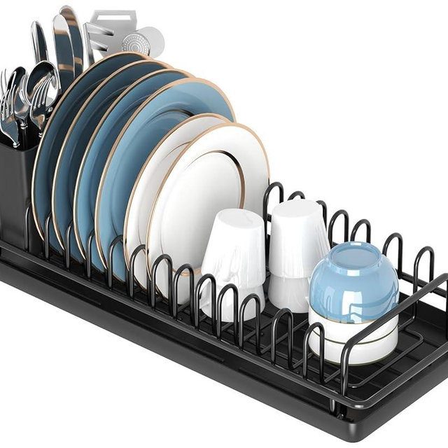 XYZLVSI Compact Small Dish Rack Sink Drying Rack with Silicone Mat, Stainless Steel Dish Drainer for Kitchen Cabinet, Kitchen Sink Rack,Dish Holder, Black