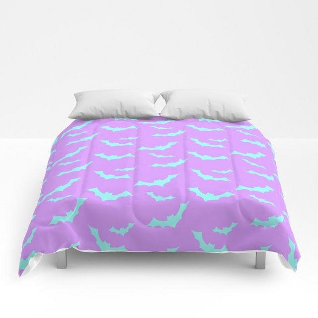 Blue Bat Pattern on Purple Comforter Queen Sized