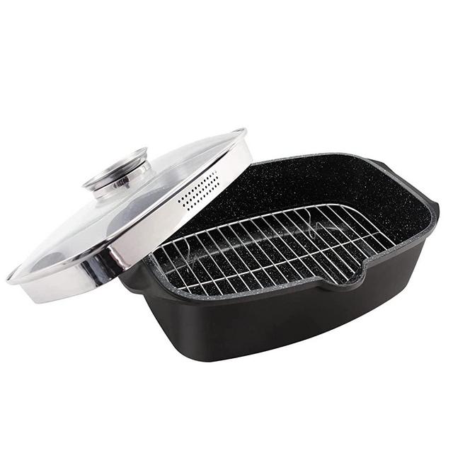 H HAUS ROLAND Aluminum Roasting Pans Nonstick Square Pot with Glass Lid and Rack 12 - Qt (Black, GS-11029-32CM)