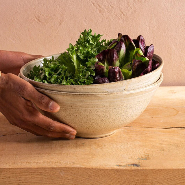 Large 9" Deep Beige Pottery Salad Serving Bowl, Ceramic Large Bowl, Off-White Stoneware Bowl, Fruit /Pasta / Dinner Serving Dish, Mom Gift