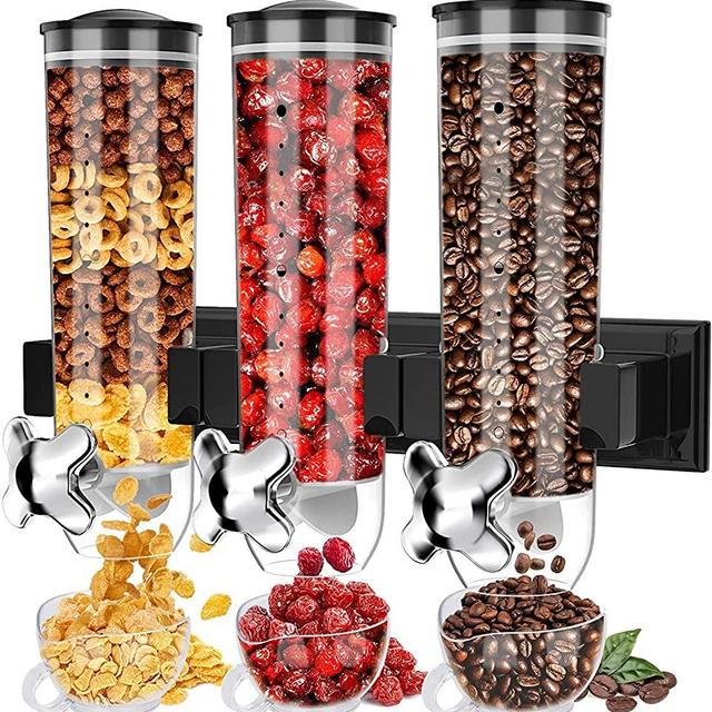 Triple Food Dispenser, Cereal Dispenser, Dry Food Dispenser Wall Mounted Cereal Dispenser, Candy Dispenser Grain Dispenser Kitchen Container with 3 Cup, Snack Dispenser for Store Nut Coffee Beans 4.5L
