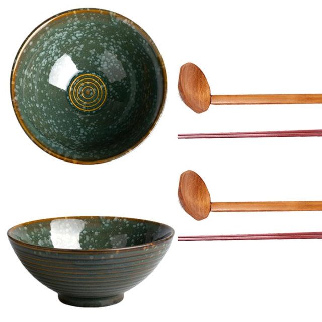 Large Japanese Ramen Bowl Set of 2, Material Safety Ceramic Ramen Bowls with Matching Chopsticks and Spoons, 8 Inch 40oz Pho Bowls Ramen Noodles Bowl for Asian Udon Soup Salad Cereal(Green)
