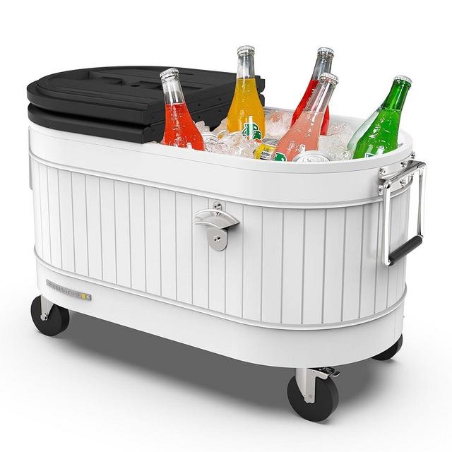 Permasteel 80-Qt Rolling Patio Cooler – Large Outdoor Ice Chest with Wheels, Beverage Cooler for Backyard, BBQ, Tailgate, Beach, Parties, Rustic Farmhouse Design, White