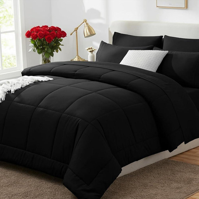 CozyLux Oversized King Comforter Sets Black, 7 Pieces Bed in a Bag, Ultra-Soft All Season Bedding Sets with Stitch Quilted Comforter, Flat Sheet, Fitted Sheet, Pillowcases