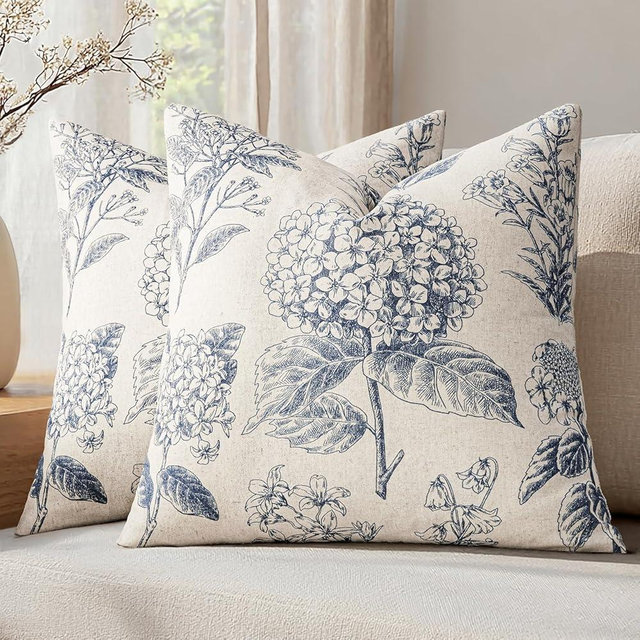 SWANCOCO Set of 2 Decorative Floral Neutral Pillow Covers 20x20 Inch Light Blue Hydrangea Print Spring Farmhouse Boho Vintage Throw Cushion Covers for Sofa Couch Porch Bedroom Living Room Home Decor