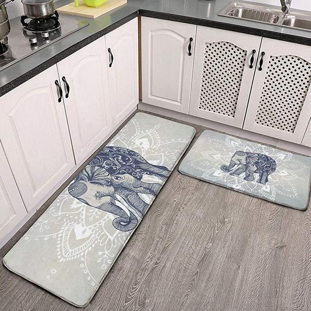 JUCHen 2 Pcs Kitchen Rug Set, Elephant Mandala Non-Slip Kitchen Mats and Rugs Soft Flannel Non-Slip Area Runner Rugs Washable Durable Doormat Carpet