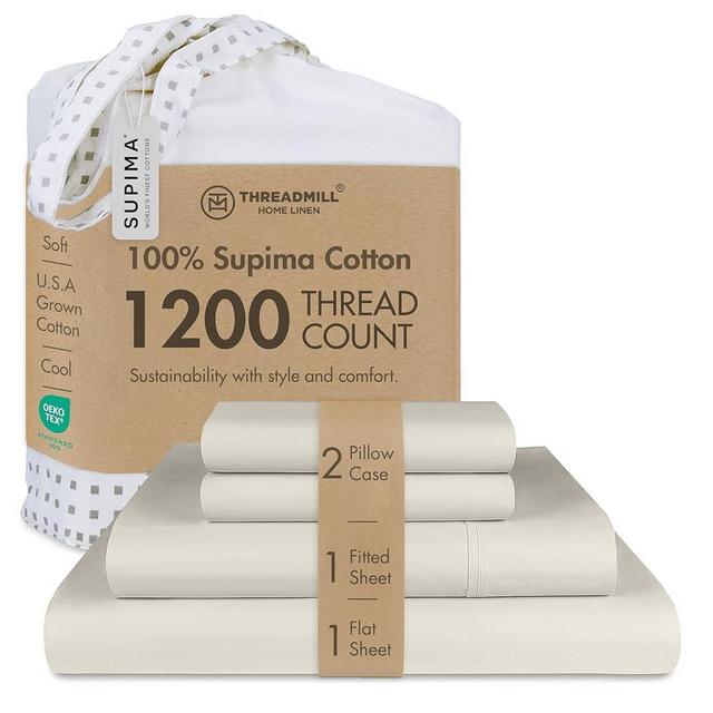 Threadmill Supima Cotton Queen Sheet Set, 1200 Thread Count Queen Sheets for Queen Mattresses, 4 Piece American Luxury Bed Sheets, Sateen Hotel Quality Sheets with Elasticized Deep Pocket, Taupe