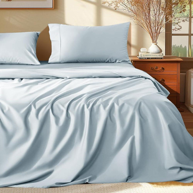 Shilucheng 100% Egyptian Cotton Queen Size Sheets Set - 1000 Thread Count，Luxury Cotton Bed Sheets，Breathable & Cooling Bedding and Pillow Cases, 16 Inch Deep Pocket - 4 Piece(Light Blue,Queen)