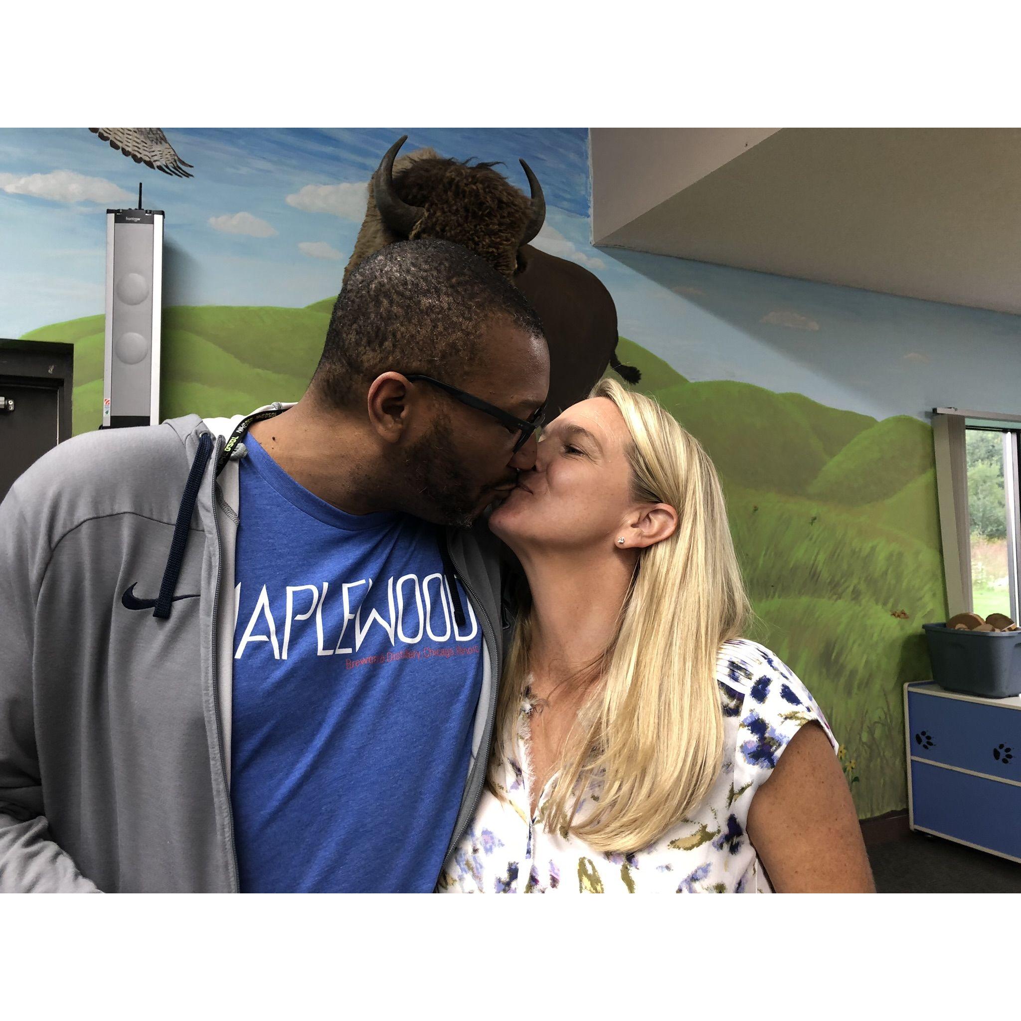 Celebrating at Gene's (Jen's stepdad) 80th birthday party at the Riverbend Nature Center in Faribault, MN. And yes, that is a buffalo in the background mural. :)