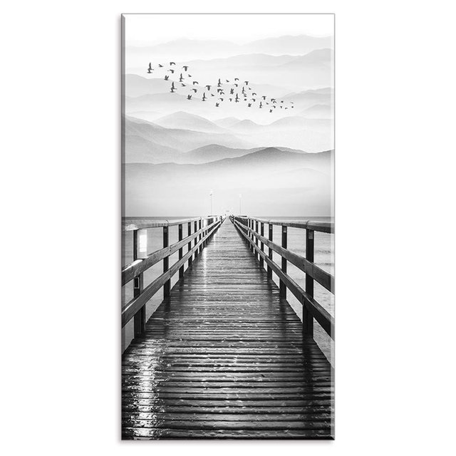 Lake Wall Art for Aisle Corridor, PIY Black and White Pier with Birds Flying Canvas Prints Decor, Vertical Calm Wharf Mountain Landscape (Waterproof, Bracket Mounted Ready to Hang, 24x48 Large)
