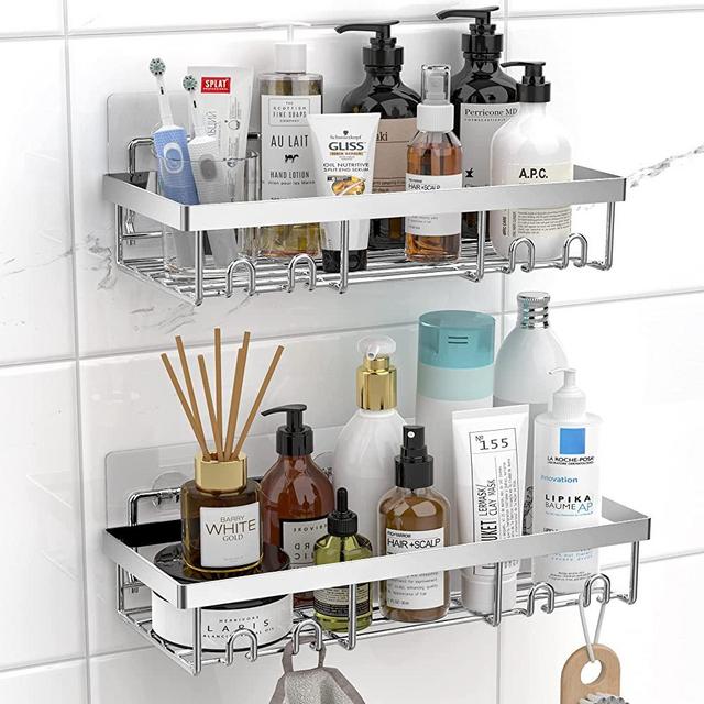 Moforoco Silver Shower Caddy Shelf Organizer Rack(2Pack), Self Adhesive Baño Bathroom Shelves Basket, Home Stainless Steel Shower Inside Organization and Storage Decor Rv Accessories