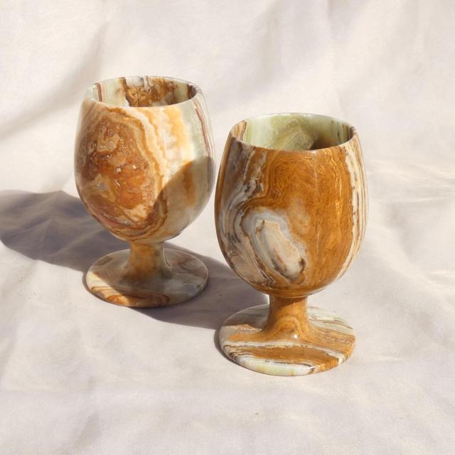 Small Cordial Stone Goblets Wine Cups Barware Banded Marble Onyx Pair Set of Two Vintage Handcrafted Green Brown R.408