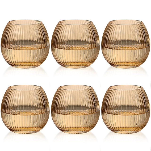JOVGANK Brown Ribbed Drinking Glasses Set of 6-10.8 OZ Stemless Wine Champagne Whiskey Cocktail Glass, Reusable Wine Cups for Home Party Wedding Bar