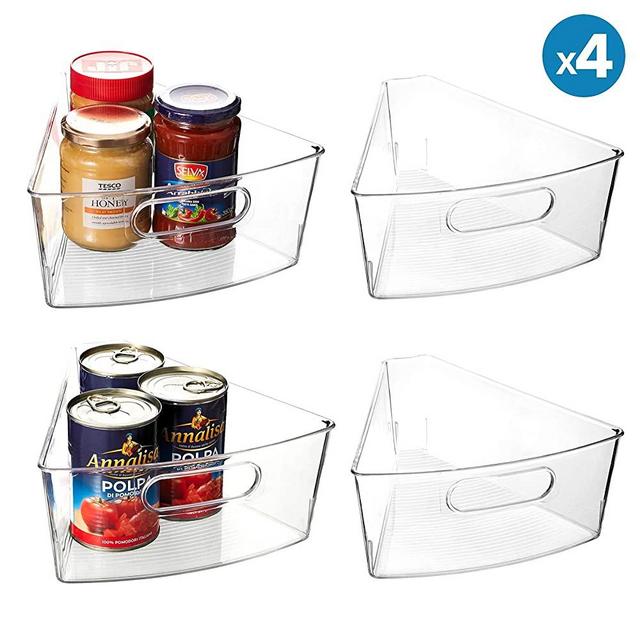 EAMAOTT Lazy Susan Organizer, Set of 4 Clear Transparent 10.3” x 9.5” x 4” Plastic Corner Kitchen Cabinet Storage Bins, 1/8 Wedge, 4" Deep Container - Food Safe, BPA Free