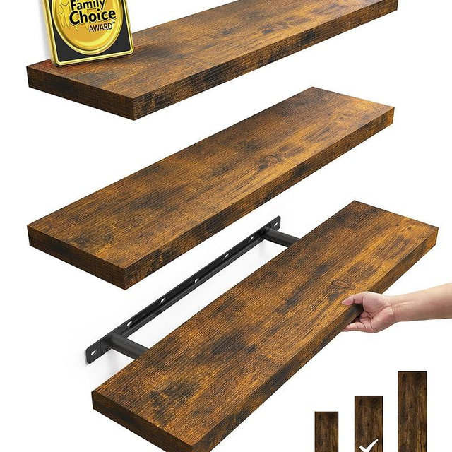 BAYKA Floating Shelves for Wall, 22.5 Inch Rustic Wood Wall Mounted Shelving for Bathroom, Bedroom, Living Room, Kitchen & Book, Hanging Display Decor Shelf with 22 lbs (Rustic Brown,Set of 3)
