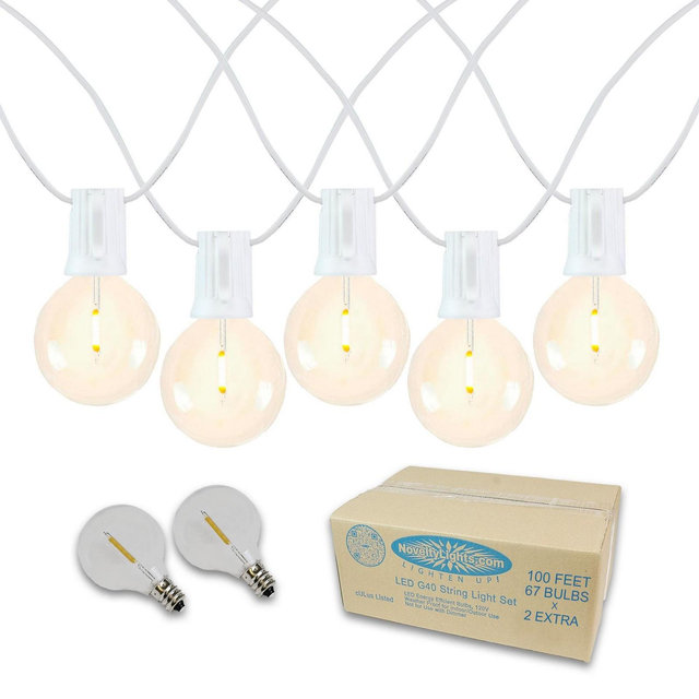 Novelty Lights 100 Feet G40 LED Patio String Light Set with 67 Bulbs, Warm White, Weather Resistant Shatterproof Replaceable Globe Bulbs, White Wire
