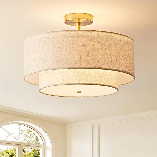 YETNGLT 16" Double Drum Semi Flush Mount Ceiling Light, 3-Light Classic Fabric Linen Shade Design Farmhouse Gold Light Fixture for Living Room, Bedroom, Kitchen, Dining Room, Entryway, Hallway