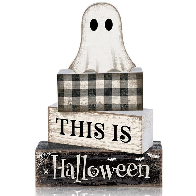 Lineshading 4 Pcs Halloween Table Decoration Ghost Tiered Tray Decor Rustic Wooden Ghost Block Sign Gift Black and White Check Halloween Centerpiece Tabletop Decor for Home Shelf Kitchen Coffee Bar