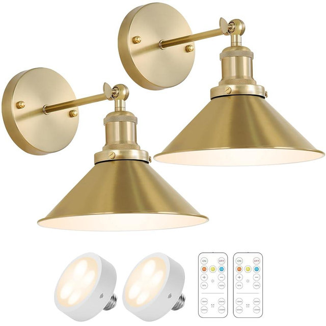 Bailoch Gold Vintage Wireless Battery Operated Wall Sconces, Industrial Cordless Battery Powered Led Wall Lights Set of 2, Wall Lamp Fixture Indoor with Remote Control for Bedroom Farmhouse Gallery