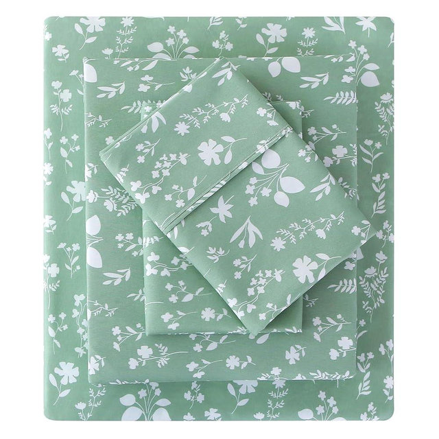 Viviland Sage Green Full Sheet Set - 4 Piece Vintage Green Flower Patterned Bed Sheets - Soft, Breathable Microfiber Floral Sheets with Deep Pocket, Non-Slip Fitted Sheets & Pillowcases