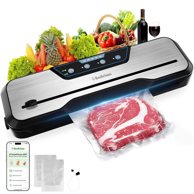 Automatic Food Vacuum Sealer Machine, Beelicious 8-In-1 Food Vacuum Saver with Starter Kits, Pulse Function, Moist & Dry Mode and External VAC for Jars and Containers, Stainless Steel
