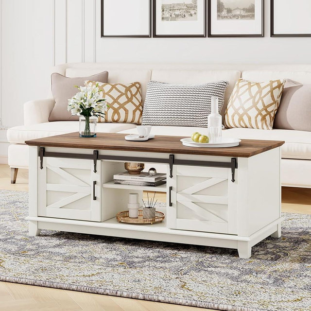 LUXOAK Farmhouse Coffee Table with Sliding Barn Doors, 48'' Living Room Table with Storage Adjustable Shelves, Rustic Wood Rectangular Tables for Meeting Room, Antique White