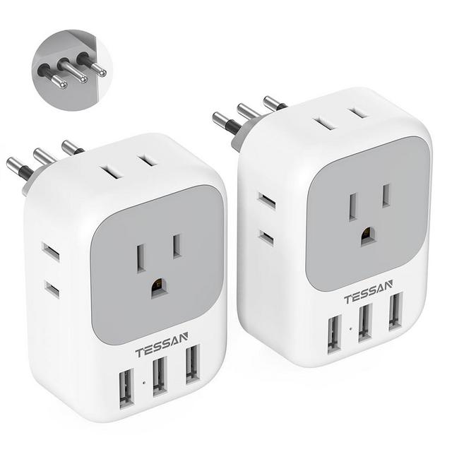 Italy Power Adapter 2 Pack, TESSAN Italy Travel Plug Adapter with 4 Outlets and 3 USB Ports, Type L Electrical Outlet Adaptor for USA to Chile Rome Uruguay