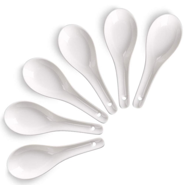 HAPPY KIT Ceramic Soup Spoons, Asian 6-Piece Japanese White Small Appetizer Spoon Sets Proper for Corelle Soup/Cereal Bowls, Ramen Dumpling Pho Wonton Miso, Bone China