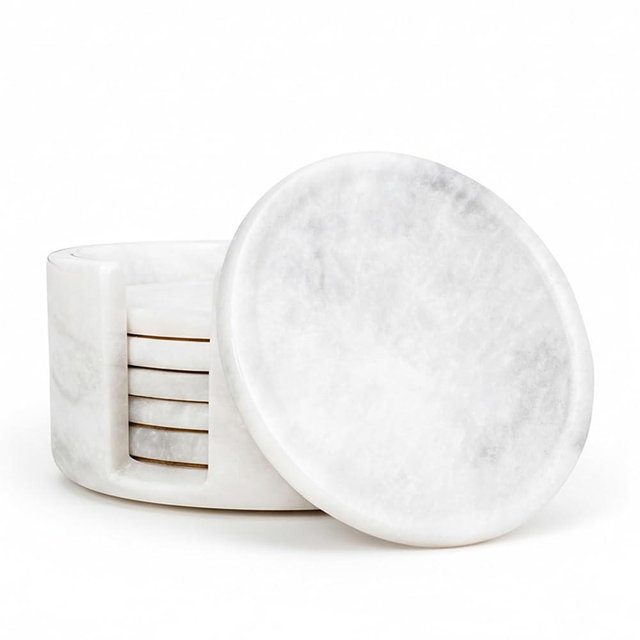 UrbanFocal Marble Coaster Set of 6-3.7" Round Marble Drink Coasters, Cork Backing Non-Slip, Office Protect Tables from Stains and Scratches, White