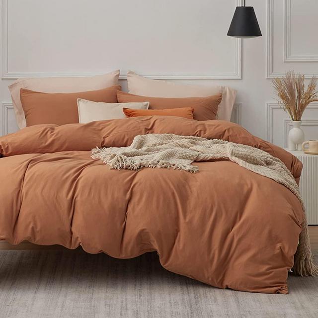 Bedsure 100% Jersey Knit Cotton Duvet Cover, Ultra Soft T-Shirt Cotton Duvet Cover Queen Size, Queen Bedding Set with Zipper Closure, 1 Duvet Cover 90x90 inches and 2 Pillowcases (Caramel Pumpkin)