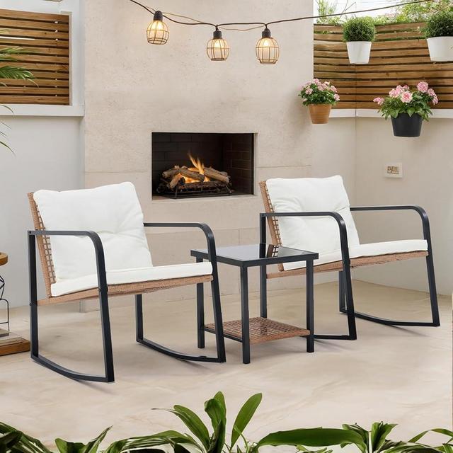 Yangming 3-Piece Rocking Chair Set, Patio Rattan Furniture with Coffee Table & Cushions – Outdoor Conversation Set for Porch, Balcony, Poolside