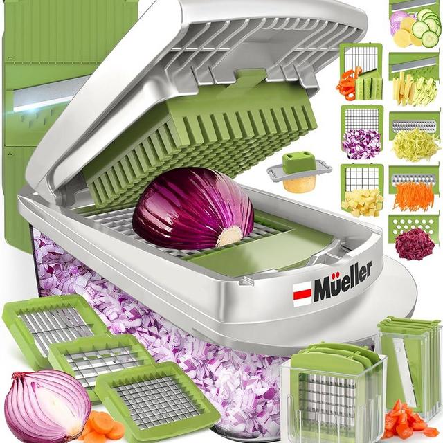 Mueller Pro-Series 10-in-1, 8 Blade Vegetable Chopper, Onion Mincer, Cutter, Dicer, Egg Slicer with Container, French Fry Cutter Potatoe Slicer, Home Essentials, Salad Chopper White/Green