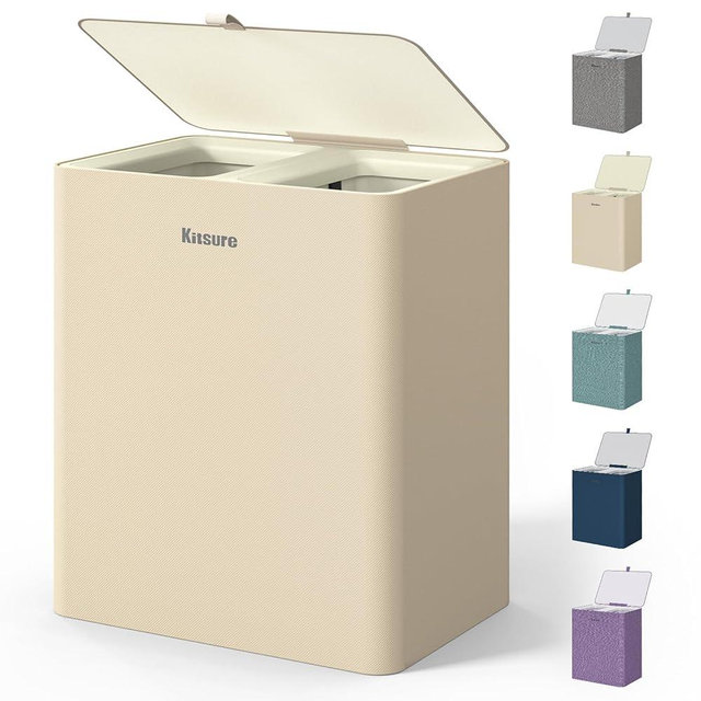 Kitsure Laundry Basket 115L – Large Laundry Hamper with Lid, 2-Compartment Divided Clothes Sorter with Removable Hamper Bags, Beige Organizer for Laundry Room, Bathroom & Bedroom, 22.2" x 16" x 30.7"