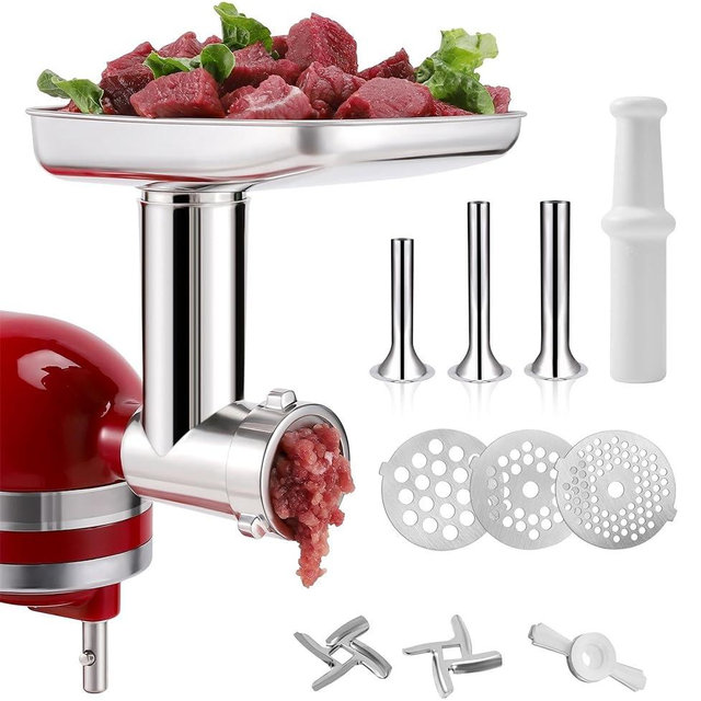 KINGEAGLE Food Grinder Attachment for KitchenAid Mixers,Stainless Steel Dishwasher Safe Meat Mincer Accessories Included 3 Sausage Stuffer Tubes