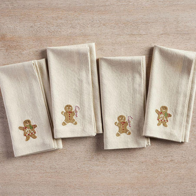 Gingerbread Embroidered Napkins, Set of 4 - Neutral