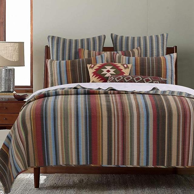 D&H 3 Piece Brown Tan Red Stripe Southwest Bedding Full Queen Set, Tribal Native Striped Quilt Vertical Bohemian Indian Blue Country Lodge Cabin Green Gold Western Colors Southwestern, Cotton