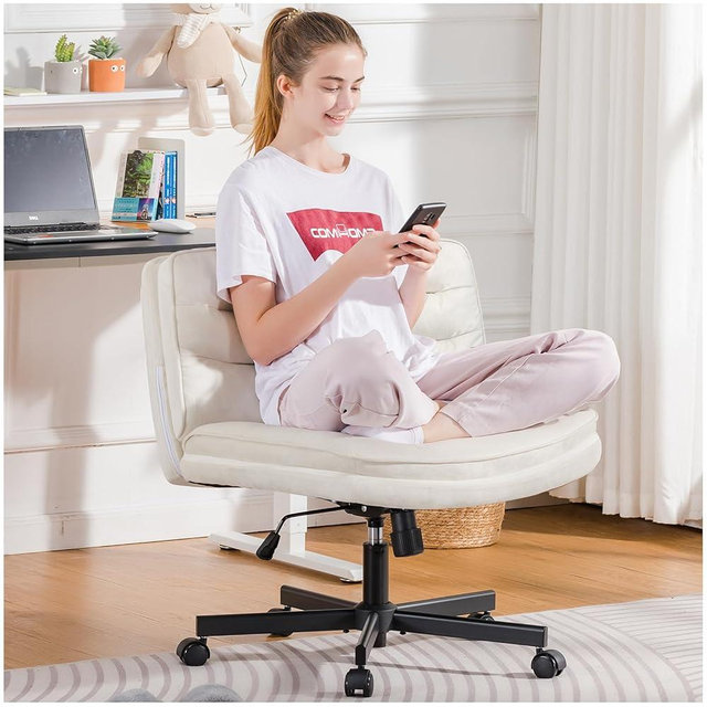COMHOMA Criss Cross Chair with Wheels, Armless Wide Cross Legged Office Chair Mid Back, Modern Home Office Desk Chair Swivel Adjustable Vanity Computer Chair, Beige Velvet