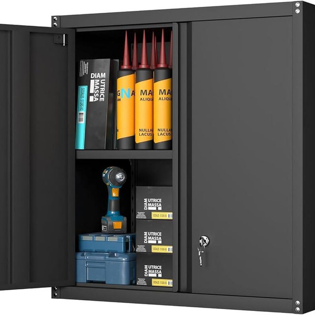 GREATMEET Locking Metal Wall Cabinets for Garage, Garage Cabinets Wall Mount, Steel Floating Hanging Storage Cabinet with Doors and Adjustable Shelf for Utility Room