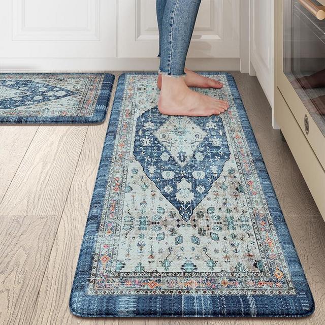 Collive Boho Kitchen Rugs Set of 2 Non Skid Kitchen Mats for Floor Cushioned Anti Fatigue Kitchen Floor Mats Waterproof Comfort Heavy Duty Foam Mats for Standing Desk Sink Laundry, 17"x30"+17"x47"