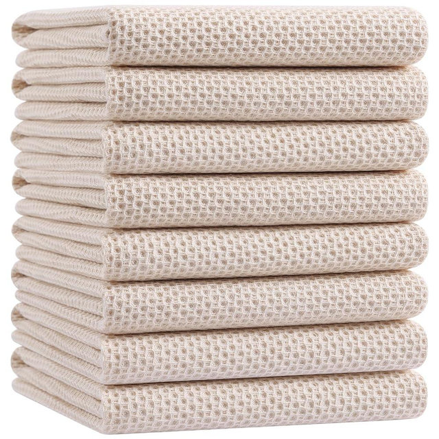 Homaxy 100% Cotton Waffle Weave Kitchen Dish Towels, Ultra Soft Absorbent Quick Drying Cleaning Towel, 20x28 Inches, 8-Pack, Beige