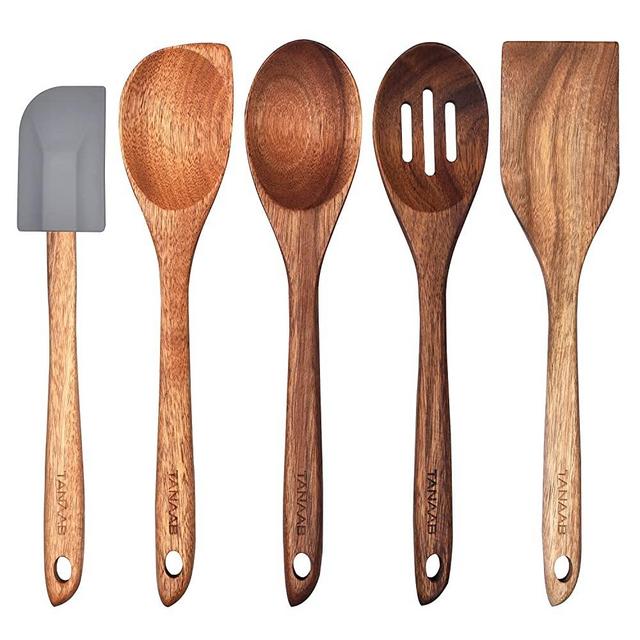 TANAAB Wooden Spoons Kitchen Utensils Set for Cooking Baking, Natural Wood Slotted Spoon Solid Corner Spoon Turner Silicone Spatula Cooking Utensils Set Tools Large for Nonstick Cookware