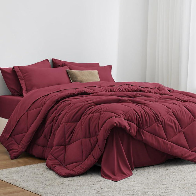 Love's cabin King Size Comforter Set Burgundy, 7 Pieces King Bed in a Bag, All Season Bedding Sets with 1 Comforter, 1 Flat Sheet, 1 Fitted Sheet, 2 Pillowcase and 2 Pillow Sham