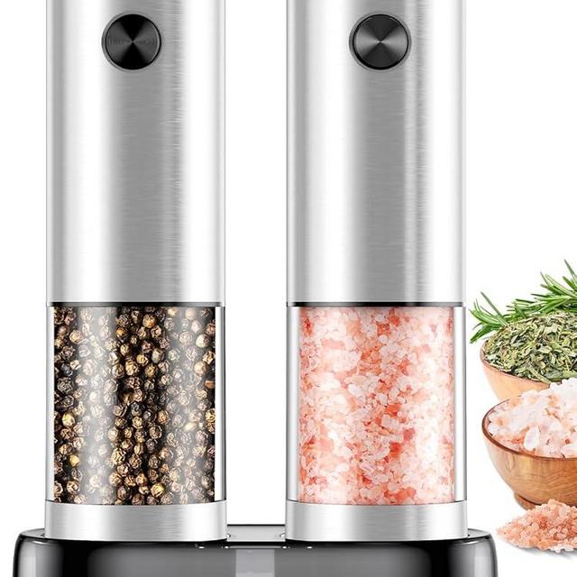 Electric Salt and Pepper Grinder Set Automatic Battery Pepper Mill Shakers Adjustable Coarseness Easy Filling Upgraded Larger Capacity with Led (2 Pack Stainless Steel）