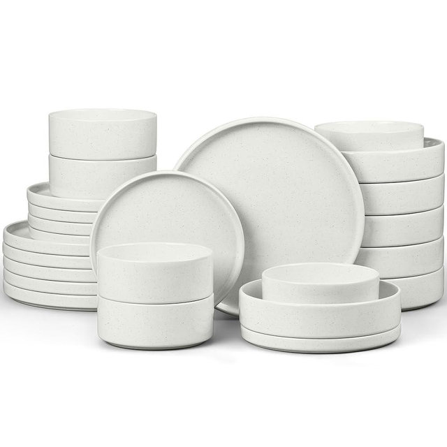 E-far Dinnerware Sets with Pasta Bowls, 24-Piece Stoneware Plates and Bowls Sets for 6 | Microwave & Dishwasher Safe Kitchen Modern Dish Set, Speckled White