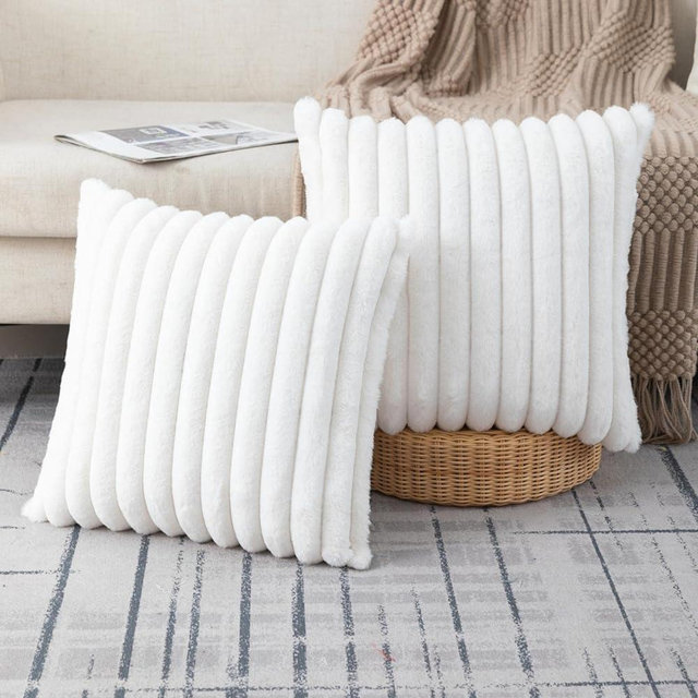 ZLINA Set of 2 Faux Fur Plush Cream White Throw Pillow Covers Fluffy Striped Pillowcase Cushion Covers 18 x 18 Inch Decor Sofa Couch Bedroom